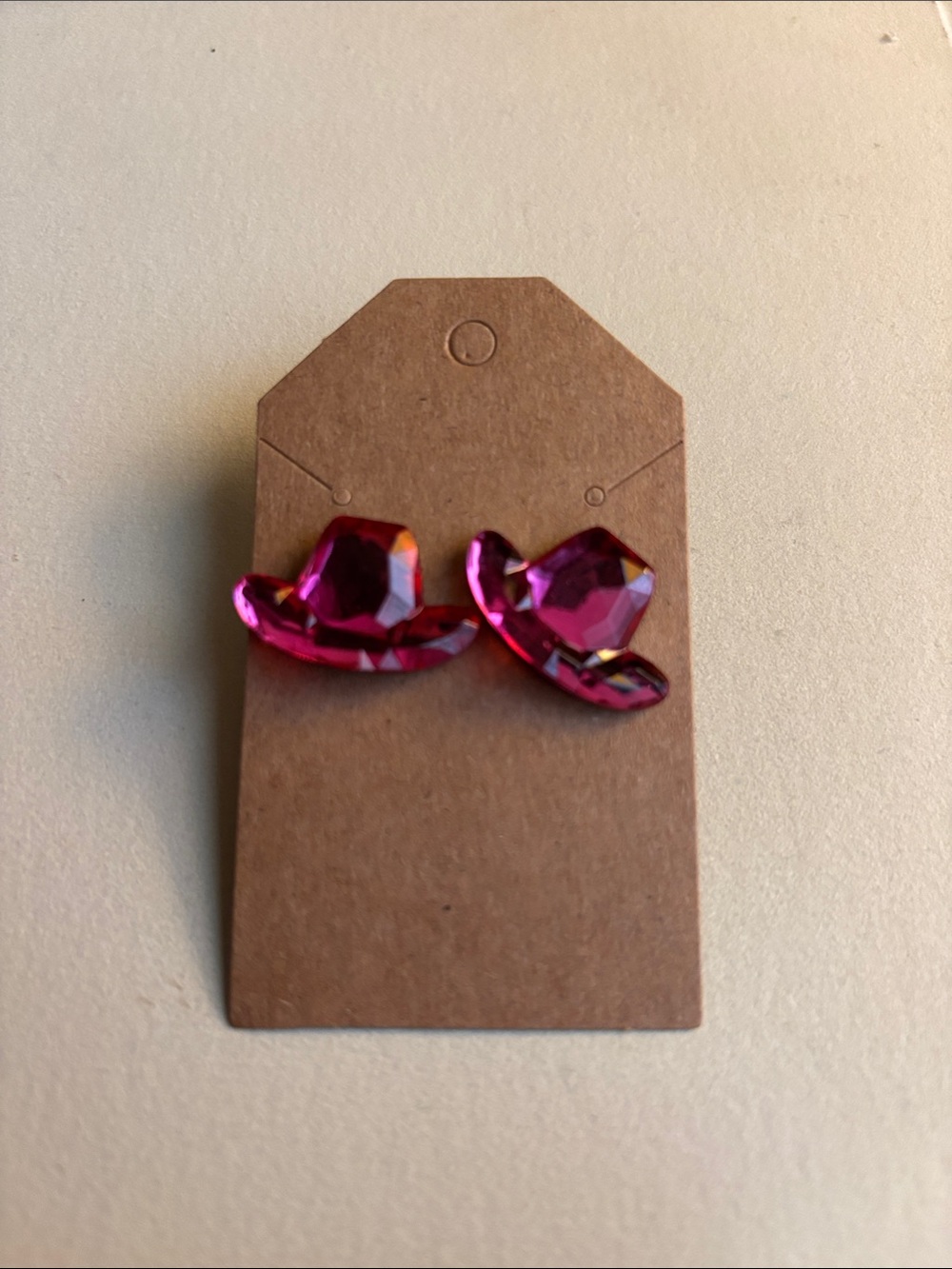 Hand Crafted Hot Pink Crystal‎ Cowboy Hat Stud Earrings